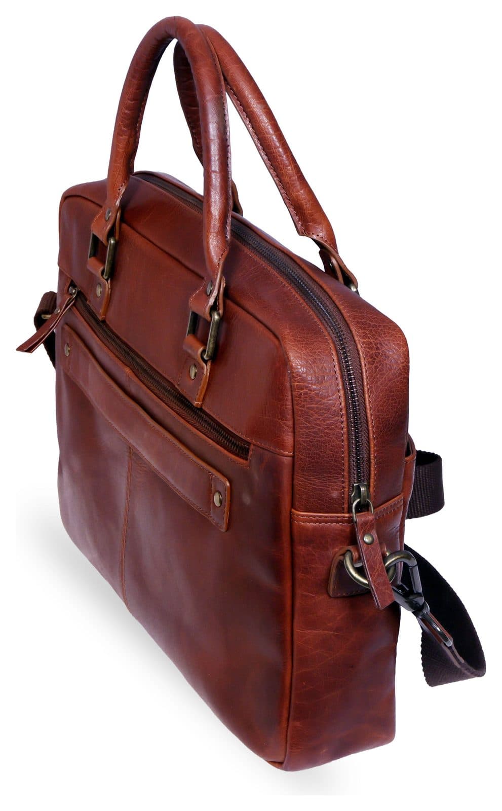 Brown leather briefcase, three-quarter view