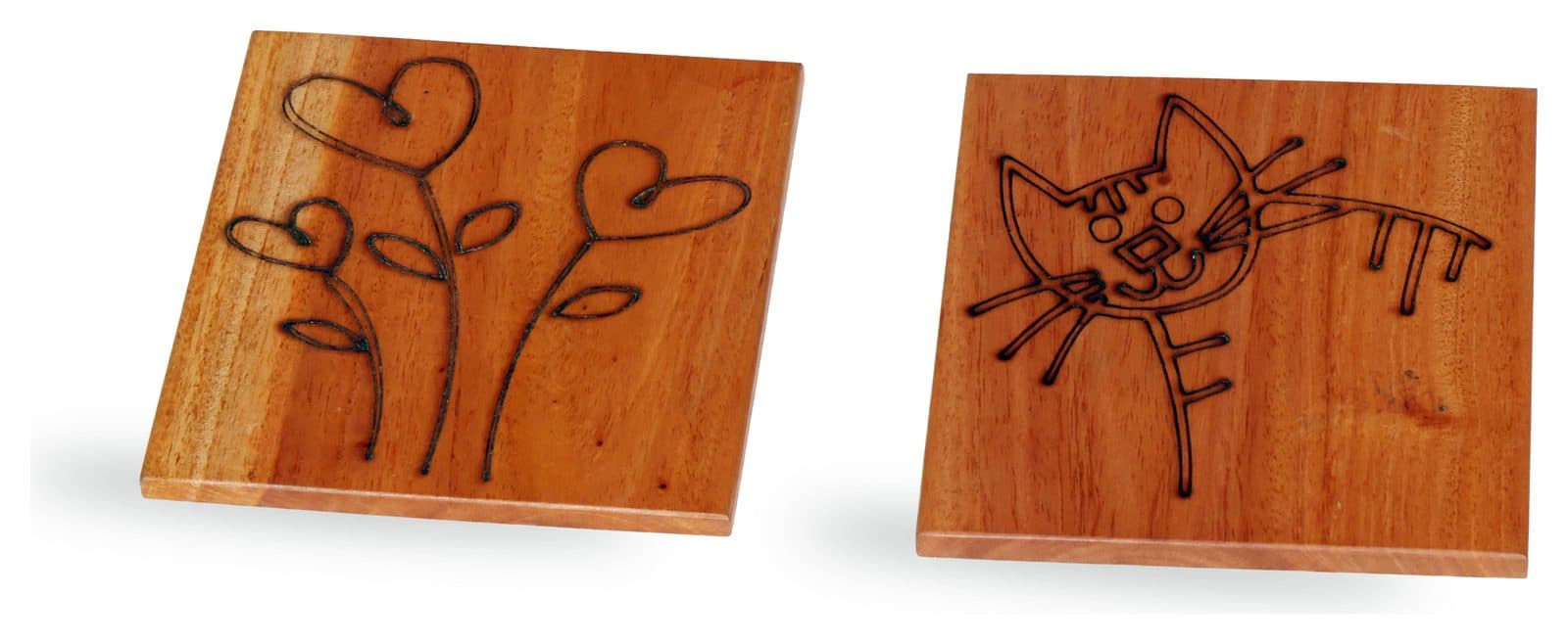 Pair of wooden coasters with burnt-in drawings