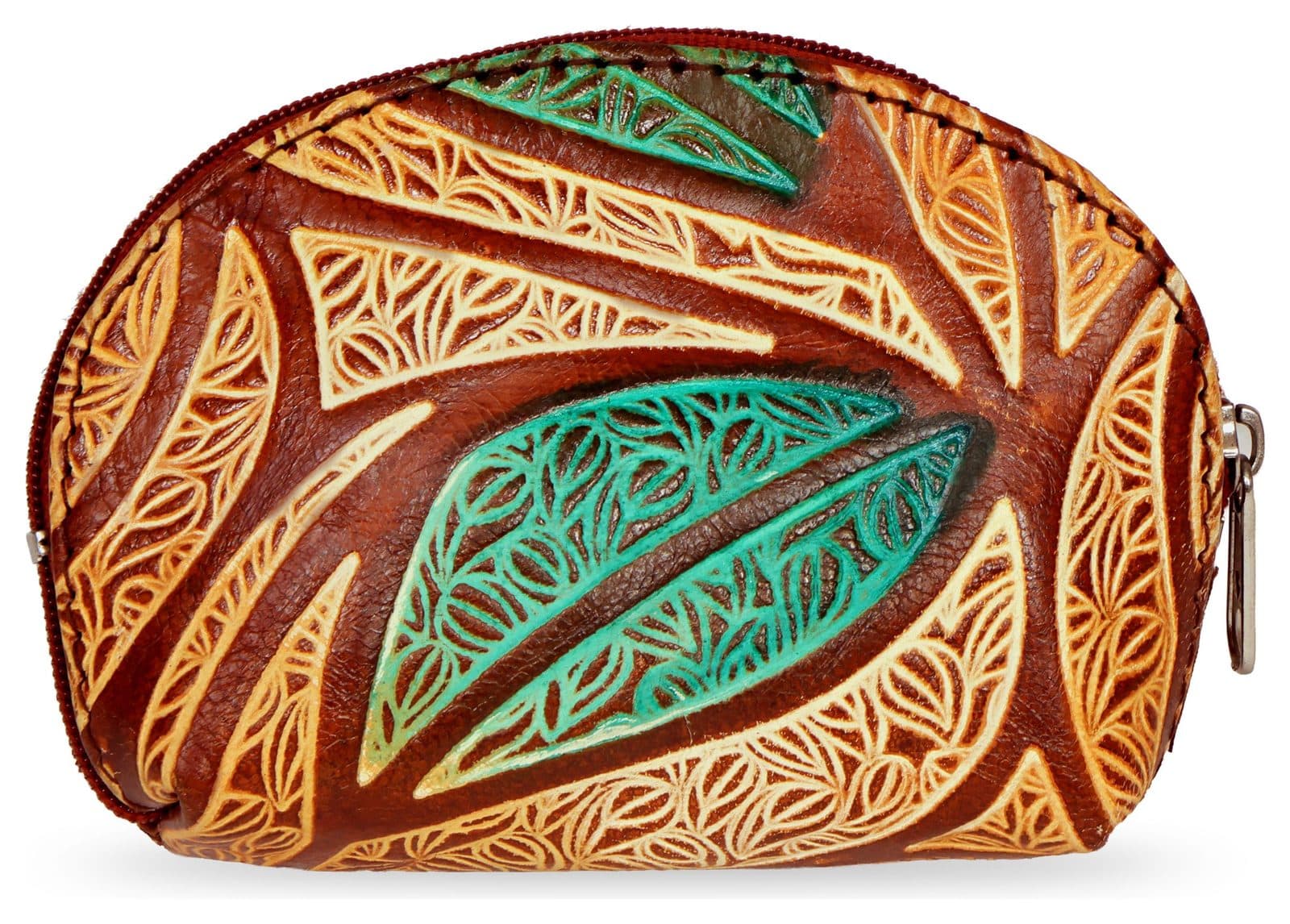 Hand-painted leather coin purse with leaf motif