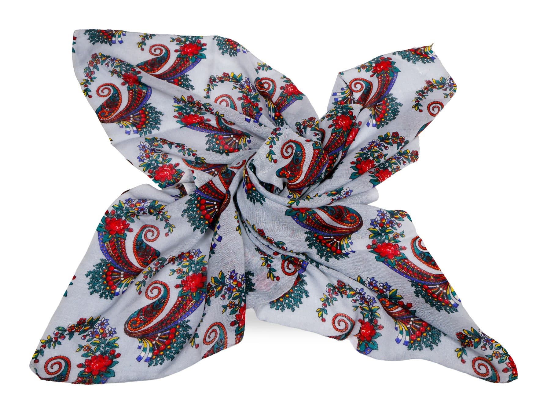 Square scarf in a custom repeat pattern, knotted