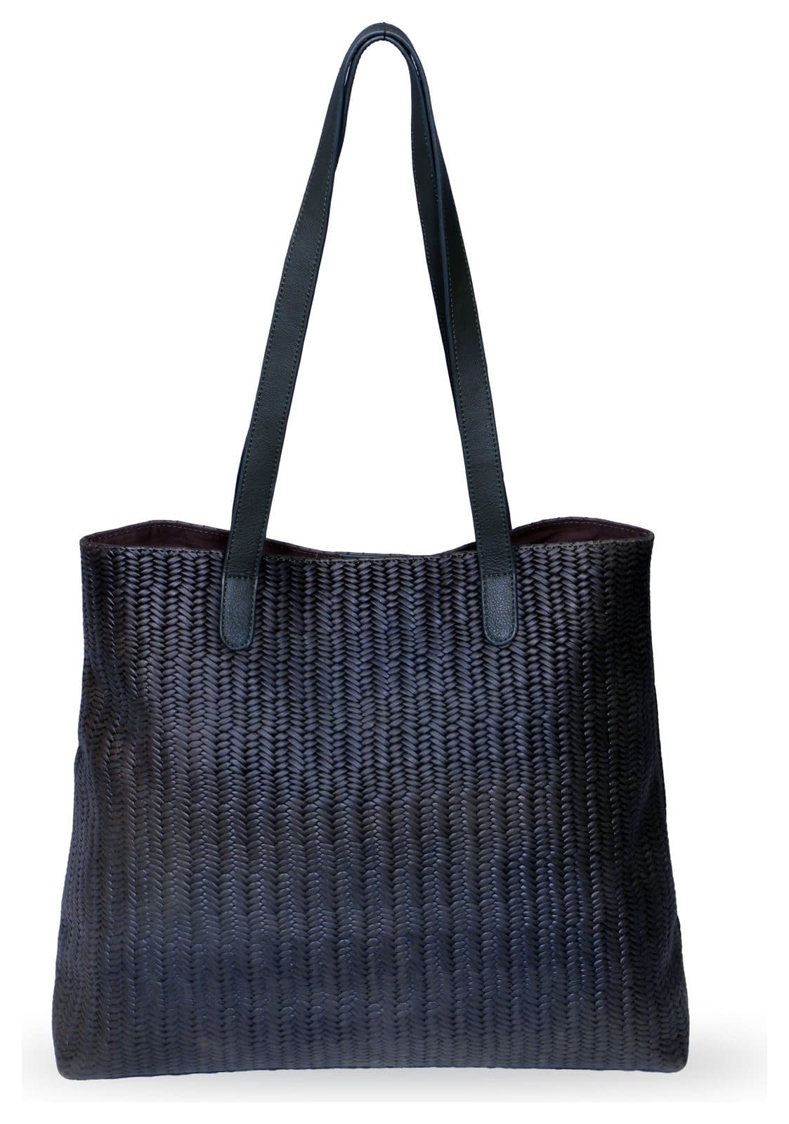 Hand-woven black leather tote
