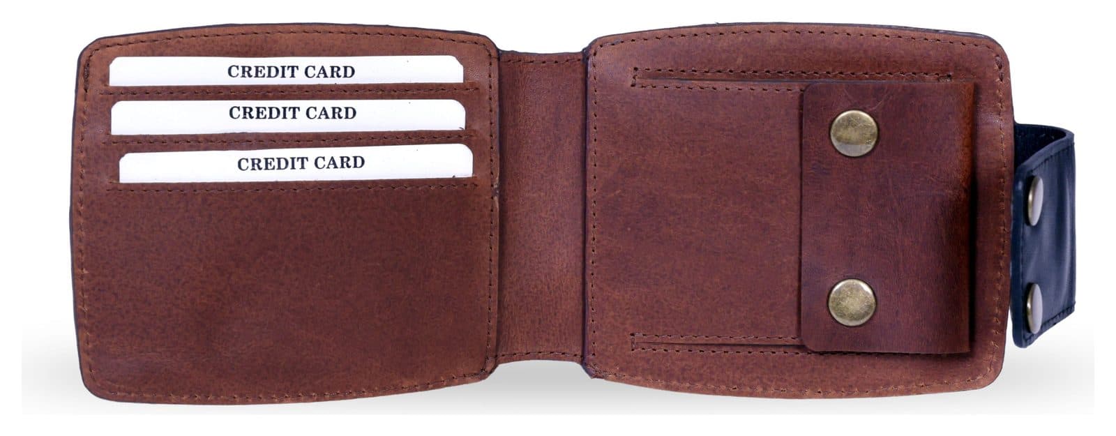 Brown leather bifold wallet, open with card slots