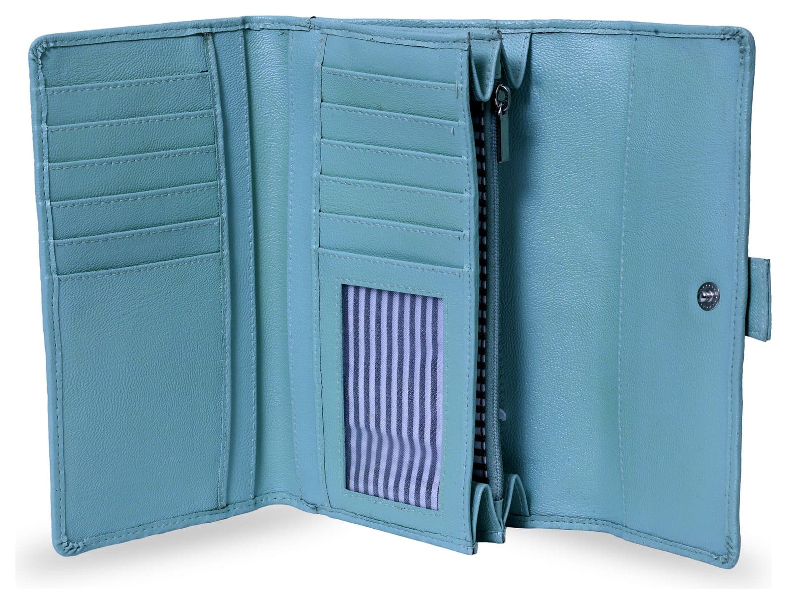 Teal leather wallet open, showing card slots