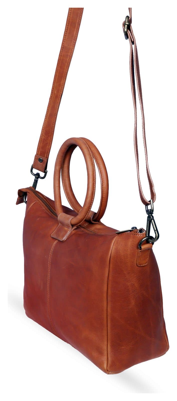 Tan leather shoulder bag with ring handles, made for SERRV International