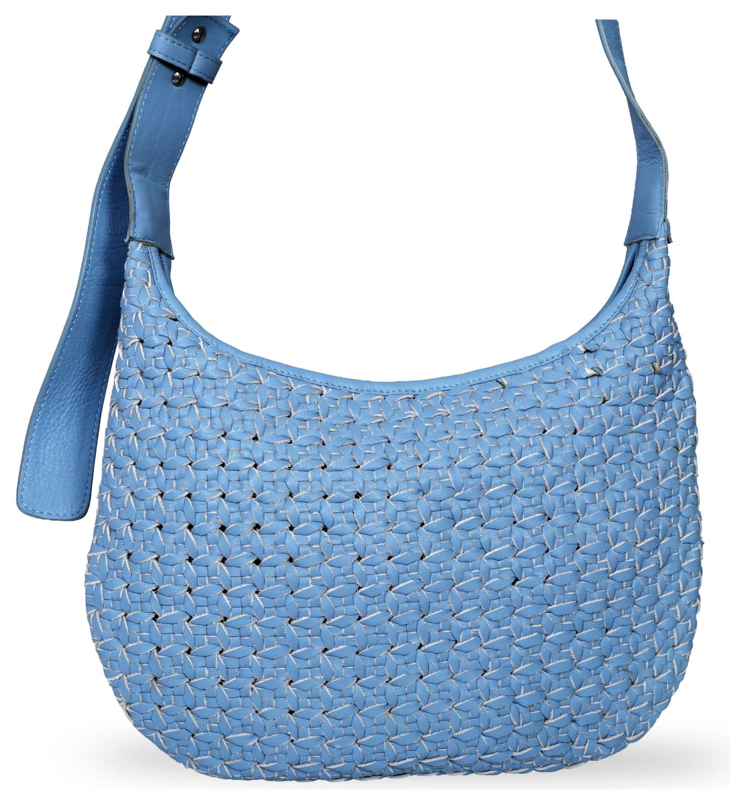 Woven leather hobo bag in sky blue, made for MadeFree